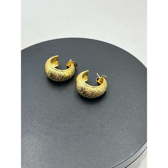Bellezza Italy Hammered Textured Gold Tone Chunky Half Hoop 925 Back Earrings - Picture 13 of 14